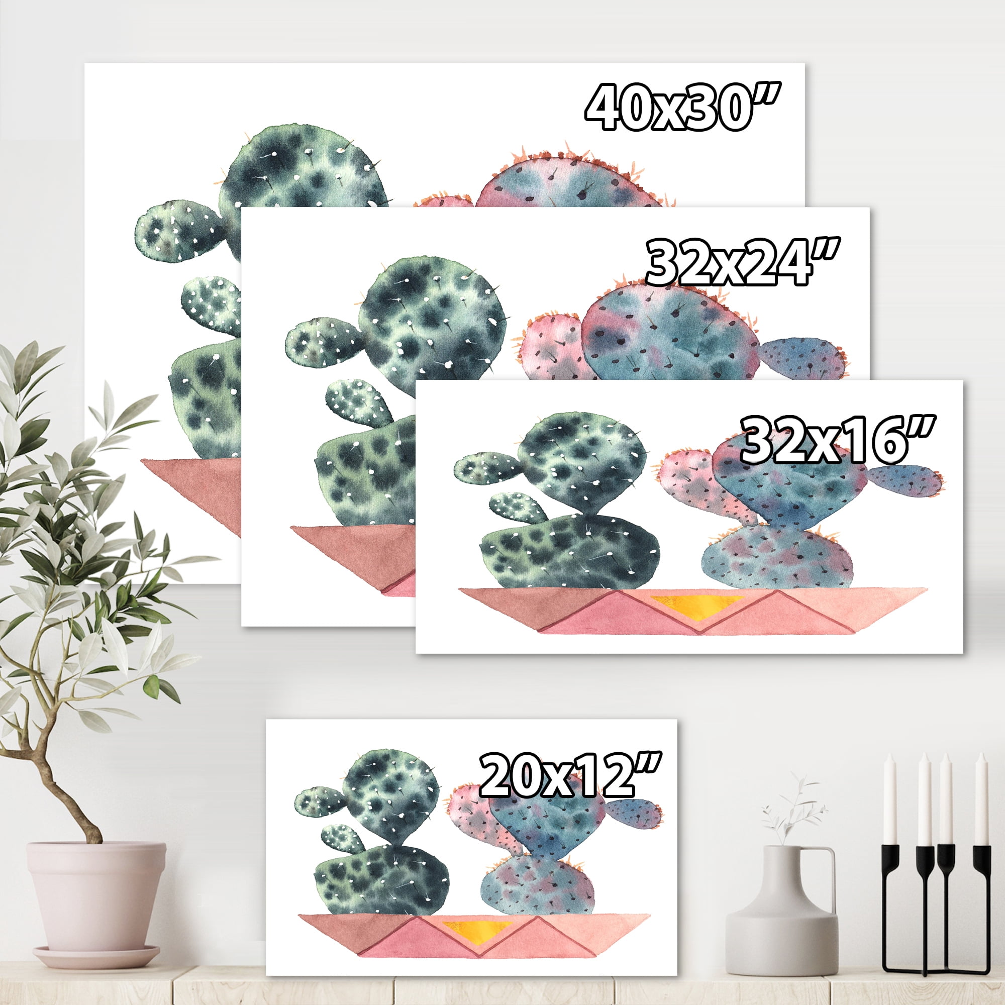 Designart ' Cactus Duo In Pink Pots Geometric ' Modern Canvas Wall Art Print