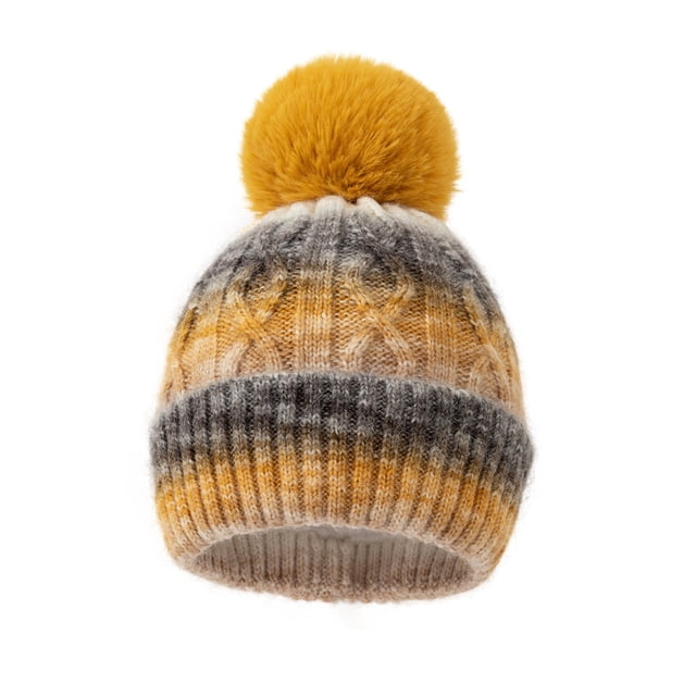 Yellow Gradient Color Winter Knitted Thickened Woolen Hat For Men And Women Warm And Cold Protection With Pom Pom Size L Length 10.63 Inches In Yellow