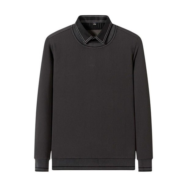 Blusas y camisas de manga larga con cuello en V para hombre, color liso, moda informal, falso bicapa, cuello abatible, suéter cálido, camisa base, manga larga, parte superior de poliéster para hombre