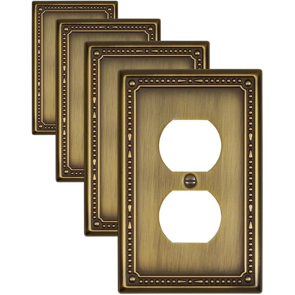 4-Pack Antique Brass Outlet Covers, Metal Duplex Wall Plates for Electrical Outlets, Light Switches, Decorative Pearl Design, 3.15''*4.88'', Midsize