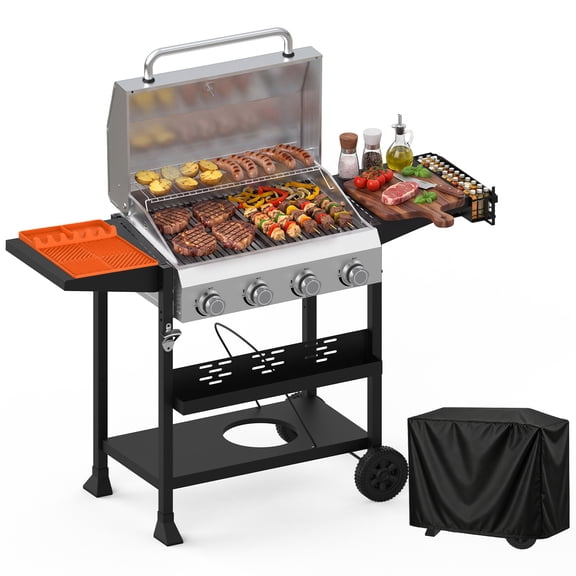 4-Burner Propane Gas Grill, 48000 BTU Portable BBQ Grill with Lid, Foldable Side Tables & Wheels for Backyard Patio Camping