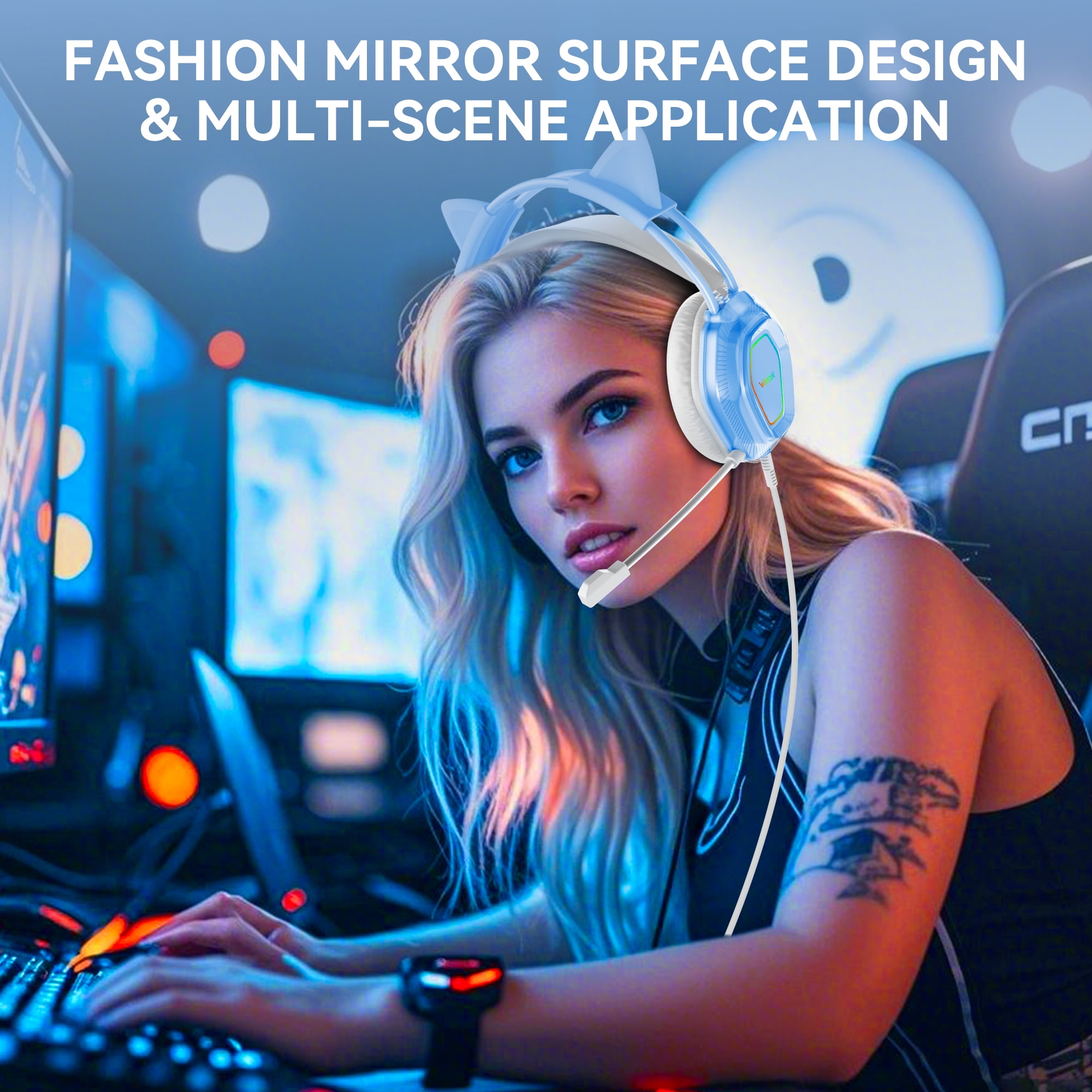 Wantek Gaming Headsets, Surround Stereo Gaming Headphones with Noise Cancelling Mic, LED Lights & Soft Memory Earmuffs for PS5/ PS4/ Xbox One/Nintendo Switch/PC Mac Computer Games- Blue