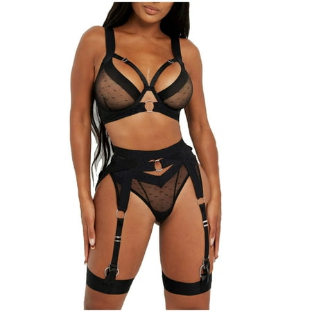 

Womens Lingerie Set Sexy Naughty Strappy Hollow Out Bra and Panty Sets Underwire Bralette Bodysuit with Garter Belt