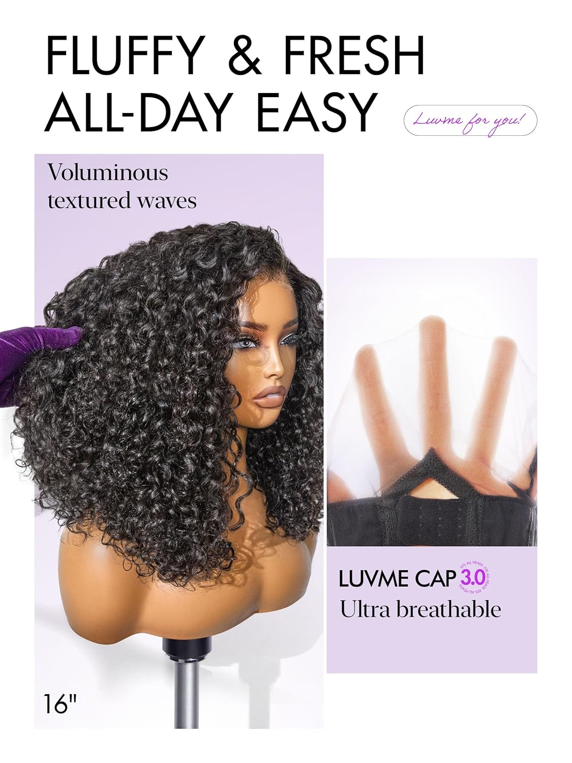 LUVME Deep Wave Glueless HD Lace 100% Human Hair Short Wigs 16" Pre Cut Plucked Natural Color Side Part Black
