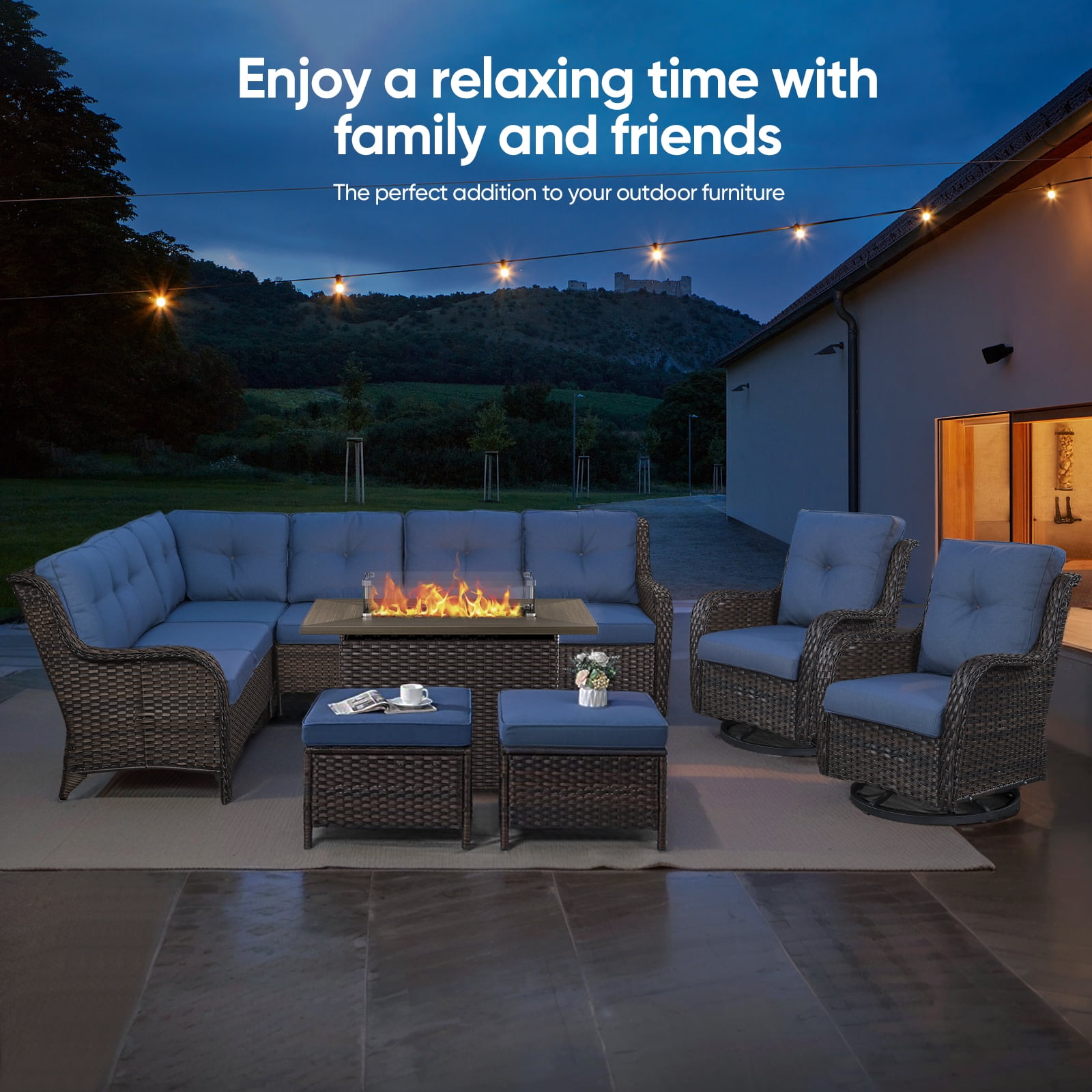 Gymojoy Brown 41 in. 50000 BTU Rectangular Wicker and Metal Propane Outdoor Dining Fire Pit Table with Glass Wind Guard Lid,Lava Rocks
