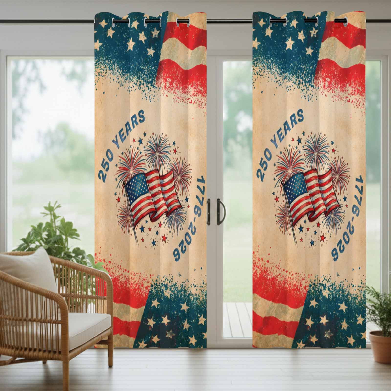 250th Anniversary Outdoor Curtains for Patio, Independence Day Firework American Flag Retro Sunshade Privacy Drapes Grommet Waterproof Outside Curtains for Porch/Cabana/Balcony 54"x 108", 1 Panel