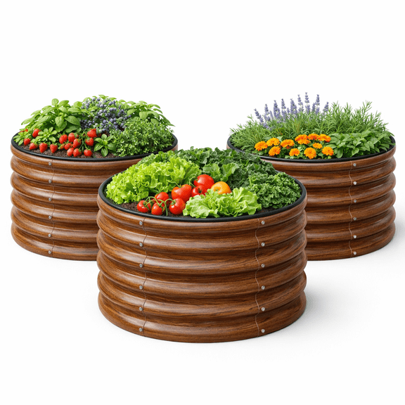 SnugNiture 3-Pack 2x2x1.5 FT Deep Round Raised Garden Bed, Galvanized Metal Planter for Vegetables, Herbs, Flowers, Brown