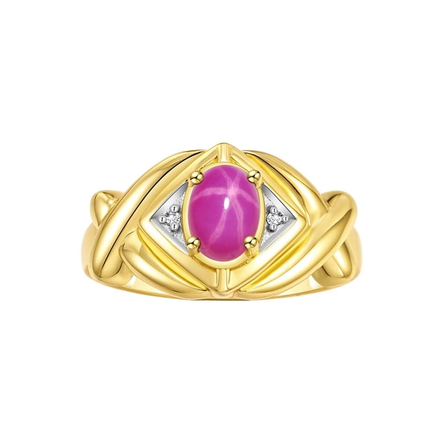 RYLOS Rings for Women 14K Yellow Gold Ring XOXO Hugs & Kisses 7X5MM Gemstone & Diamond Ring July Star Ruby Jewelry Size 5