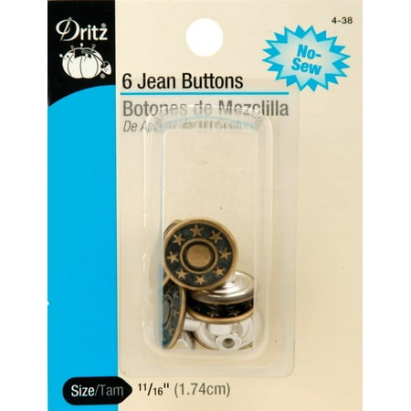 UPC: 0072879252149 | Dritz No-Sew Jean Buttons 11/16 6/Pkg-Antique Brass