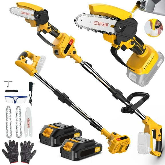 Cordless Pole Saw and Mini Chainsaw, 2-IN-1 Pole Chainsaw,Brushless Electric Pole Saw Battery Powered 4in/6in Chainsaw, 59 Inch Max Reach Tree Trimmer Pole Saw, Yellow