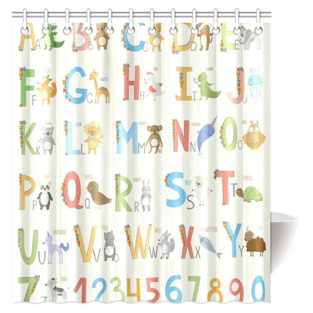 Waterproof Fabric Kids Cartoon Animals Alphabet Shower Curtain Bathroom Mat 72"