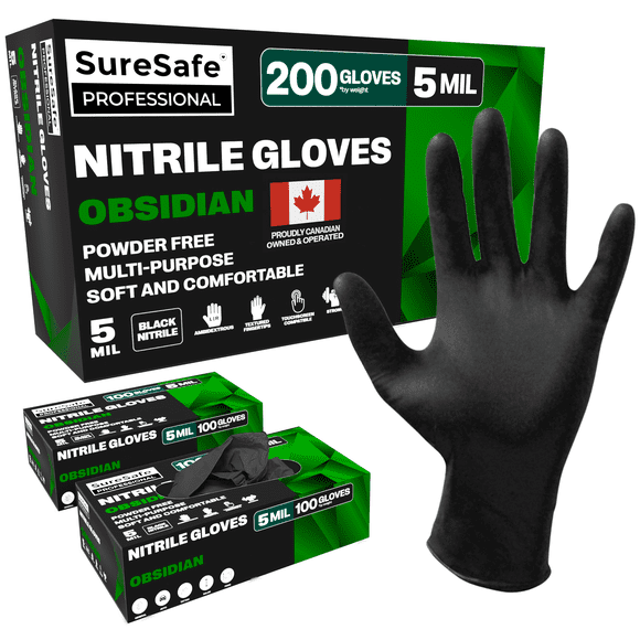 [200 Pack] SURESAFE 5 Mil Black Nitrile Gloves XL, Food Gloves Disposable, Powder & Latex Free, Textured Fingertips, For Food Prep, Dishwashing, Hair Dye, Tattoo, Kitchen, Cleaning, Butcher, BBQ