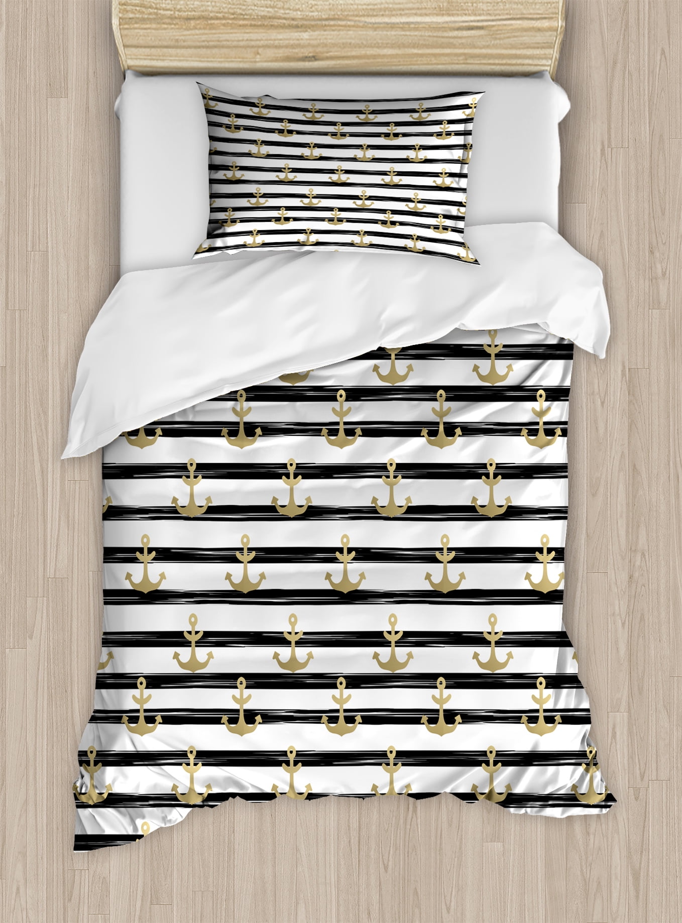 Anchor Twin Size Duvet Cover Set Horizontal Black Stripes With