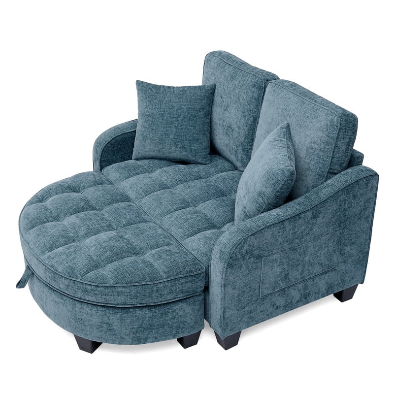 Double Sofa Chaise Lounge with 2 Pillows and Irregular Armrests, 2-Seater Sofa with Storage Ottoman, Convertible Sleeper Sofa Bed for Living Room Bedroom