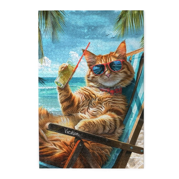 1000 pcs 1000 Piece Vibrant Wooden Jigsaw Puzzle Cat's Beach Time,Unique Artwork for Adults,Funny Cat's Beach Time Stress relieving puzzle 1000 Piece,Great for Relaxation and Display for Puzzle Lover
