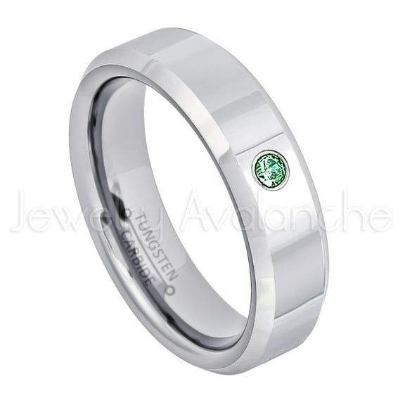 6mm Ladies Polished Beveled Tungsten Ring - 0.07ct Solitaire Emerald Ring - Personalized Tungsten Wedding Ring - Custom Made May Birthstone Ring TN048BS