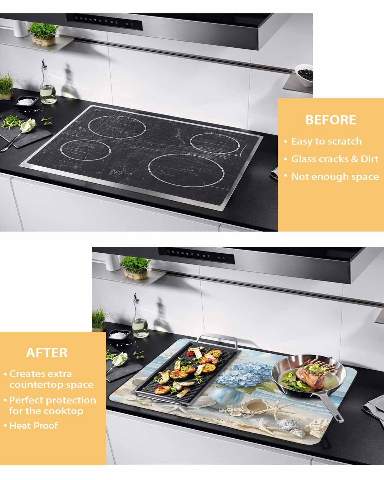 nqOlkjepod Large Induction Cooktop Protector Mat 24"x21", Hydrangeas Flowers Stove Top Covers for Electric Stove, Coastal Seaside Starfish Summer Stove Burner Cover Mats, Glass Top Stove Cover