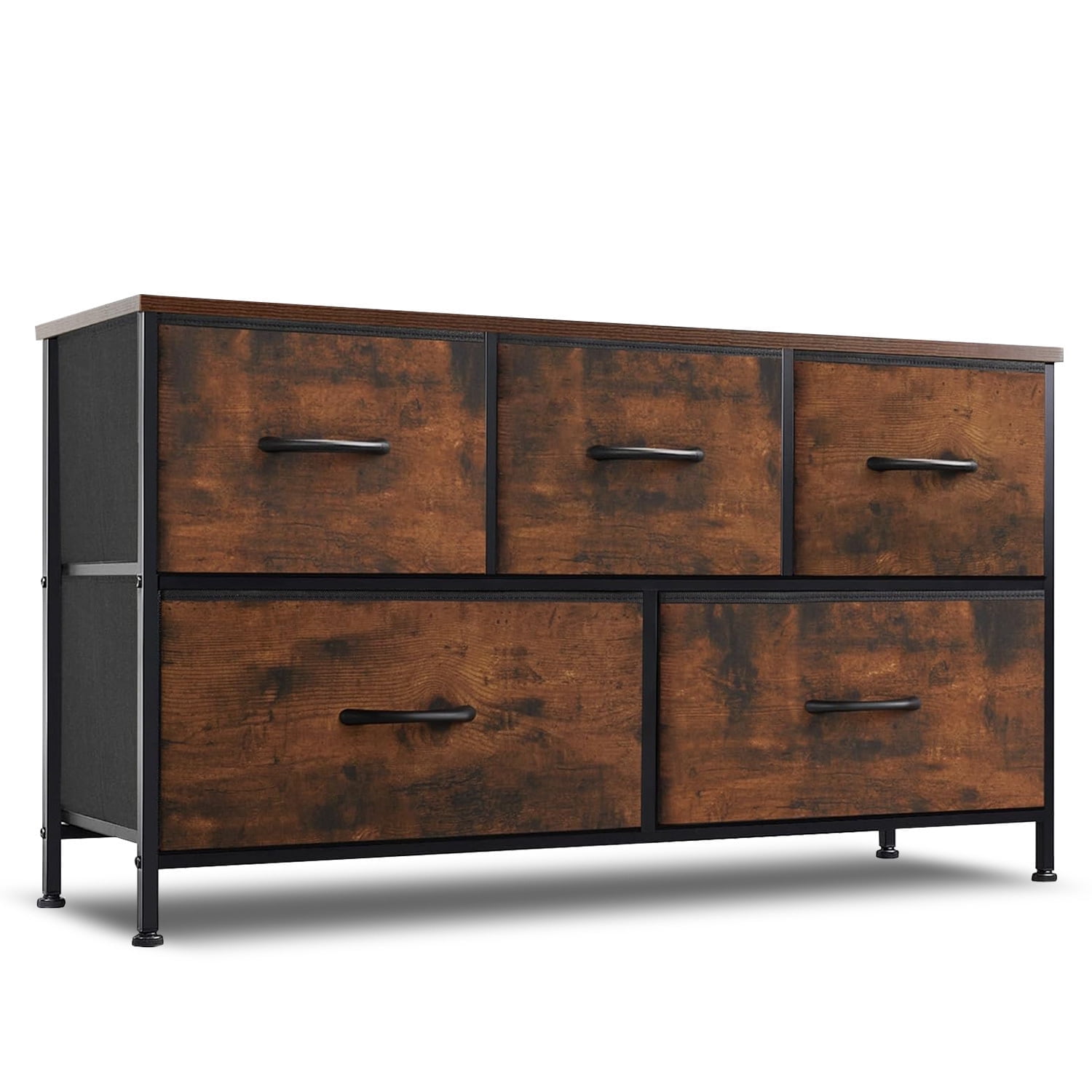 Nextay 5 Drawer Dresser, Wide Chest Of Drawers Nightstand Storage Tower Storage Dresser Fabric Dresser With Wood Top for Living Room, Bedroom, Hallway, , Rust