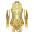 thumbnail image 1 of Eandarui Ensemble de Costume de Danse Jazz pour Femmes Justaucorps à Sequins avec Gants Robe de Bal Salsa Rumba Danse de Salon Or L, 1 of 7
