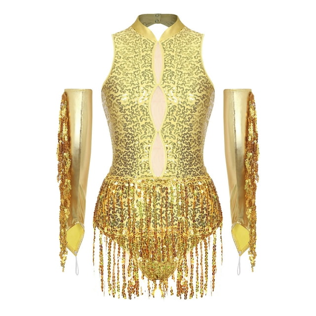 Eandarui Ensemble de Costume de Danse Jazz pour Femmes Justaucorps à Sequins avec Gants Robe de Bal Salsa Rumba Danse de Salon Or L