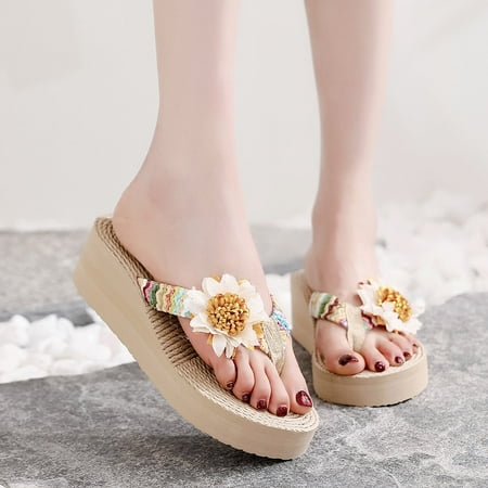 

Women Weave Beach Breathable Sandals Home Slipper Flower Flip-Flops Wedges Shoes