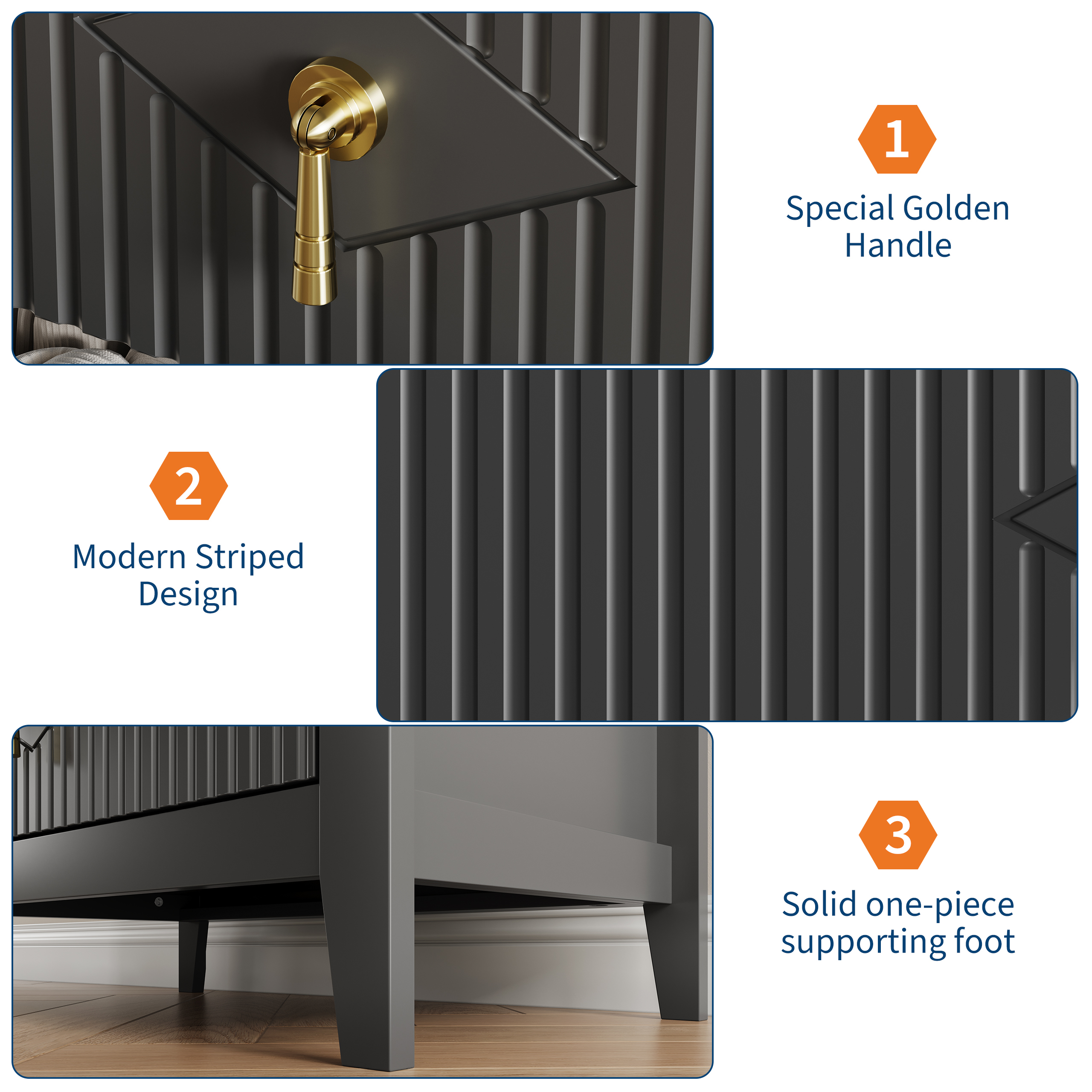 Black Fluted Dresser for Bedroom, 32 Inch Wide Nightstand with Large Drawer, 3 Drawer End Table for Bedroom, Living Rooms, Offices, and Entryways