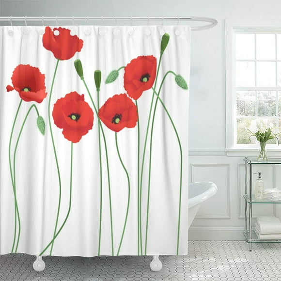 ZY-suttom Day Green Poppy Red Poppies Flower Remembrance Floral Stem Shower Curtain 66x72 inch