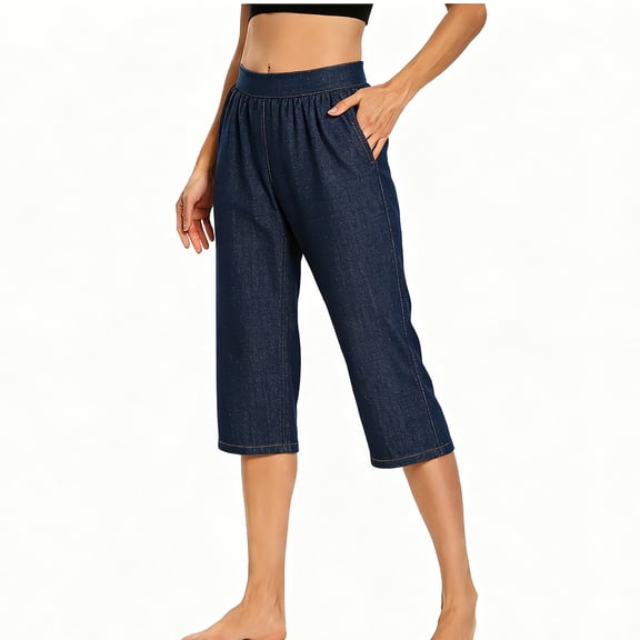 Yourumao Women's Capri Jeans Faux Denim Stretchy Elastic Waist Jeans Loose Pull-On Jean Capris with Pockets Summer Vacation Denim Pants