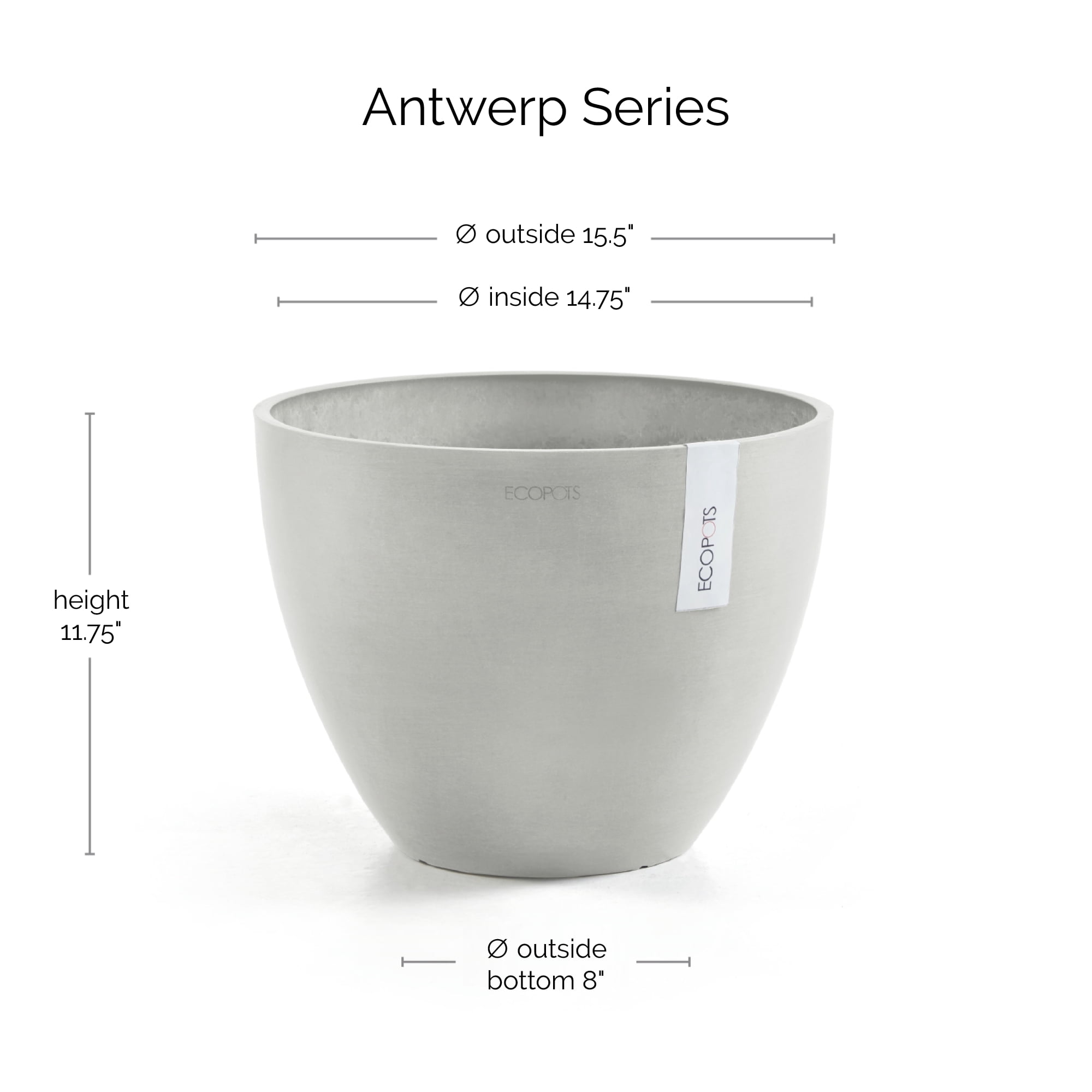 Ecopots Antwerp Durable Modern Round Indoor/Outdoor Recycled Based Composite Flower Pot Planter, White Grey, 16"