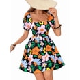 thumbnail image 3 of Women'S Floral Puff Sleeve Ruched Frill Trim Shirred A Line Boho Flared Dress Black L, 3 of 9