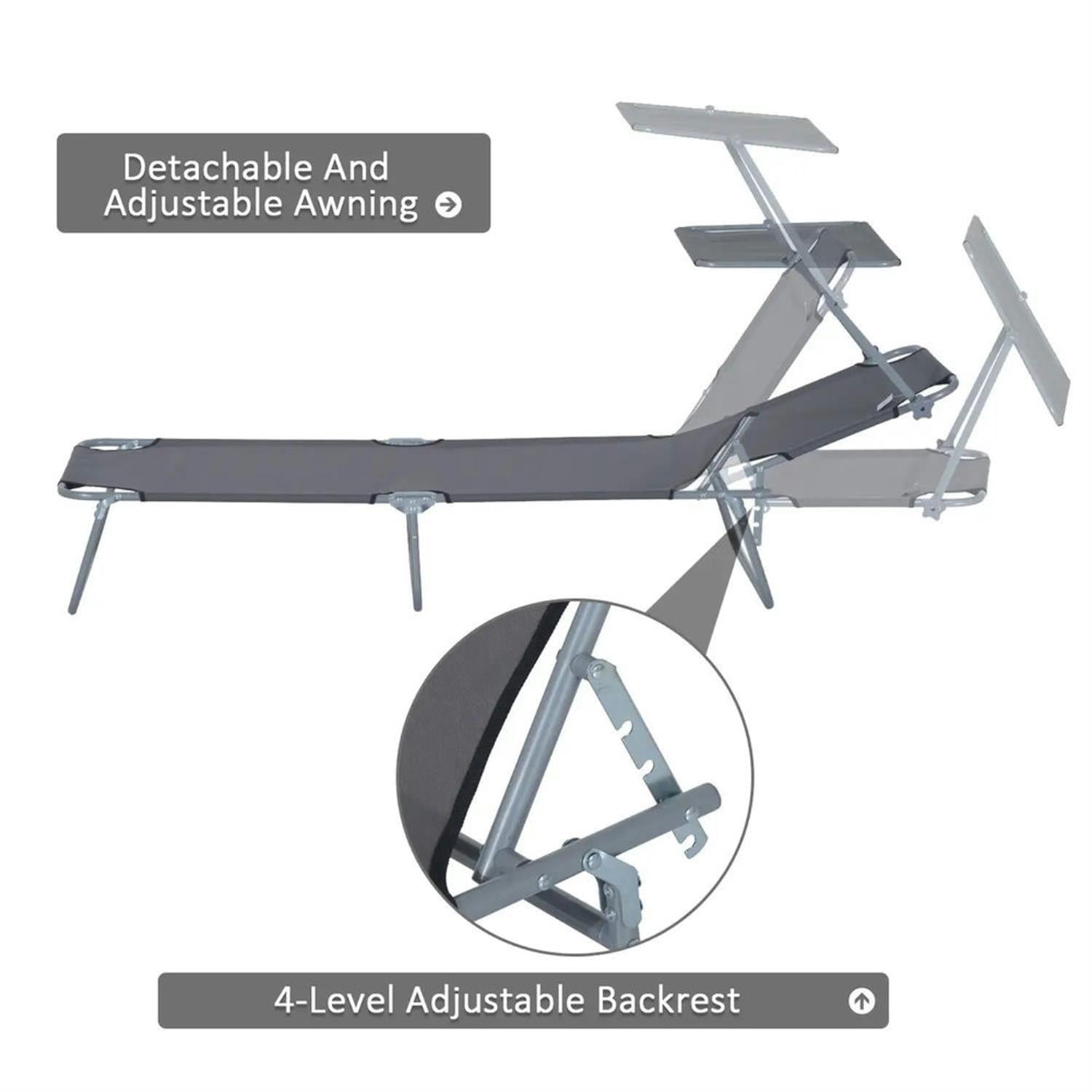 Demi Bonn Outdoor Folding Chaise Lounge, Collapsible Beach Tanning Seat Chair with Sun Protection, Portable Poolside Relaxation for Beach, Yard, Patio, Gray