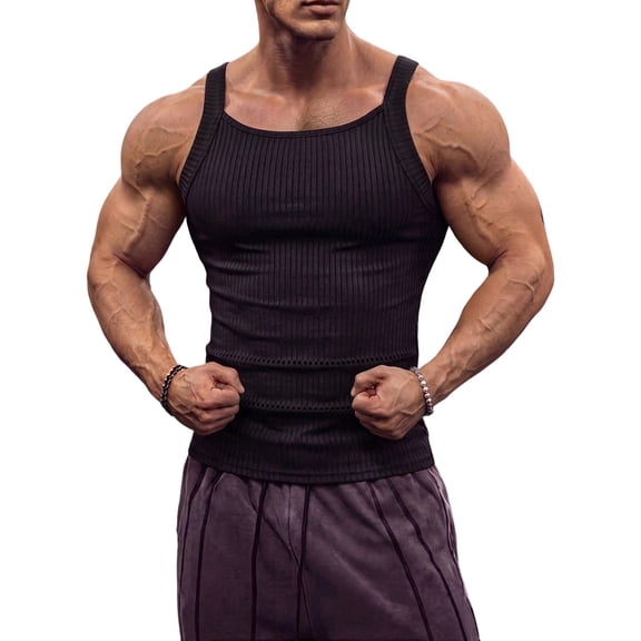 Men's Square Neck Ribbed Slim Fit Sports Tank Top Black S