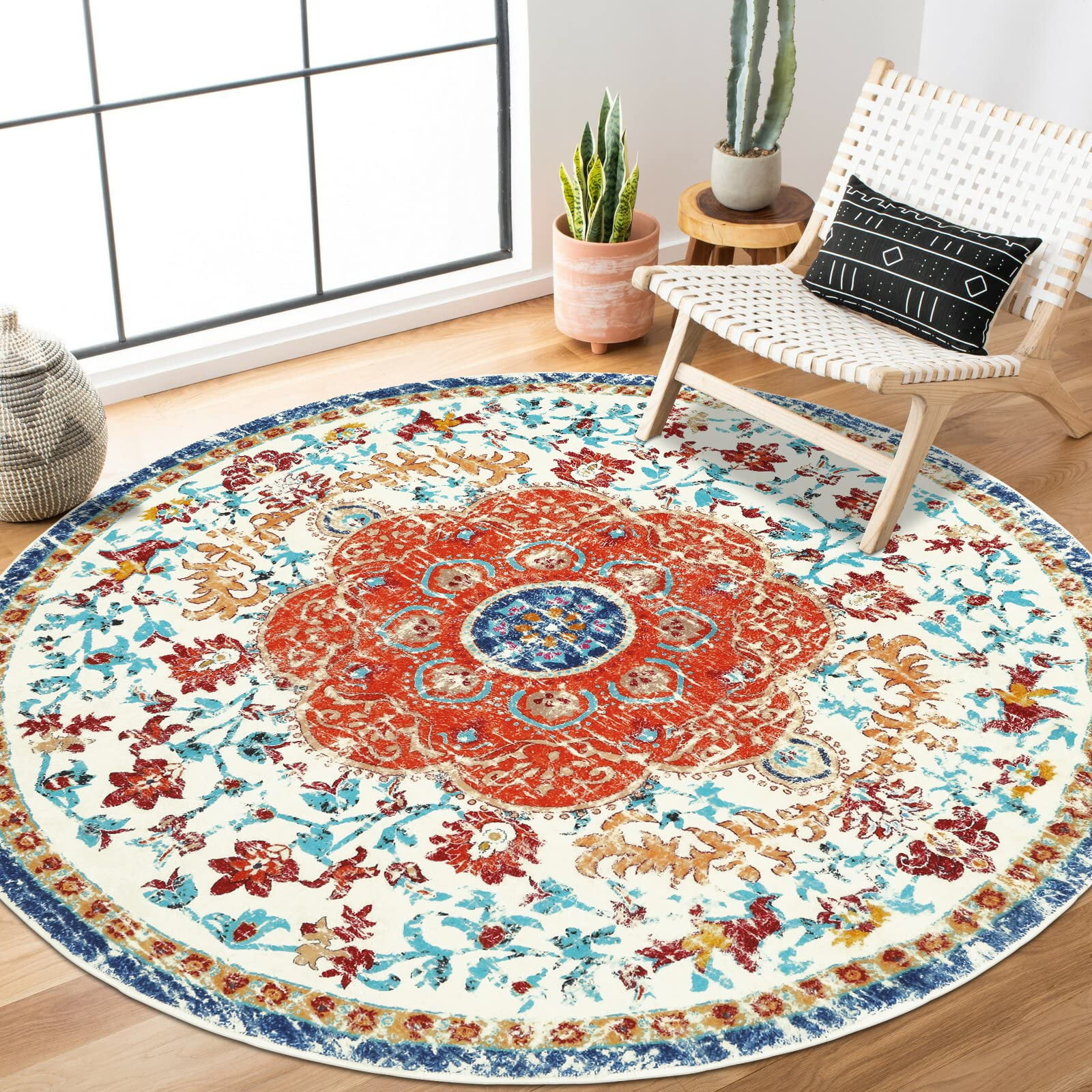 HEBE 4Ft Boho Round Rug Vintage Distressed Circle Rug Non Slip Washable