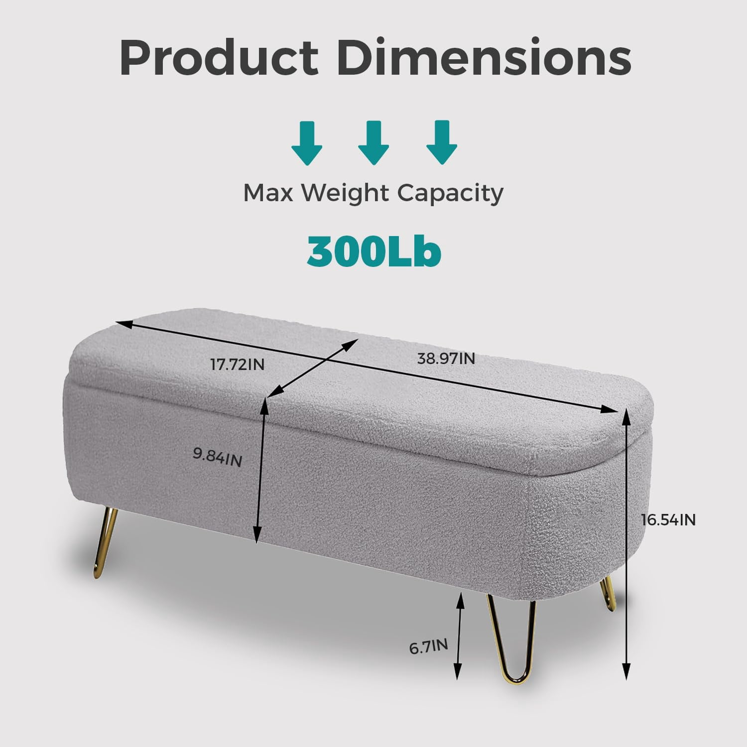 LEHZROAJ Upholstered Storage Bench,Rectangular Padded Ottoman, Shoe Storage with Gold Legs, End of Bed for Bedroom, Entryway, and Living Room(Gray)