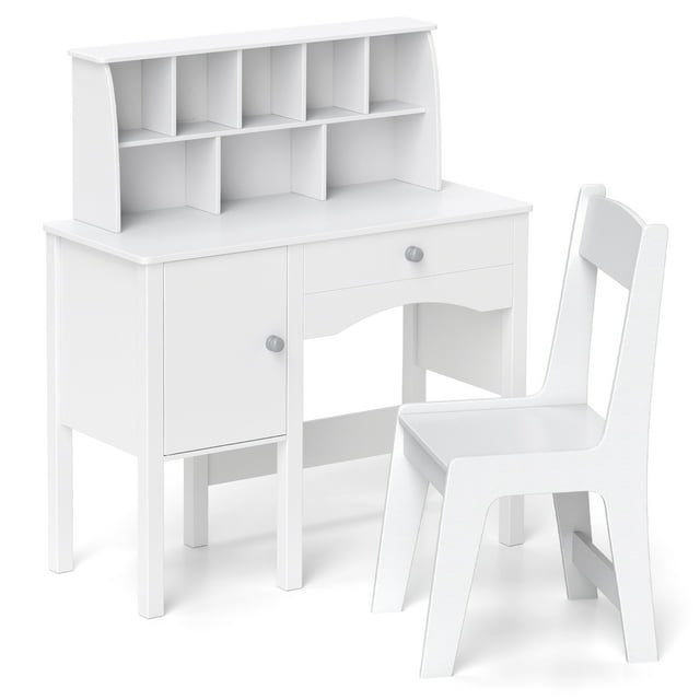 Gymax Kids Study Desk & Chair Set Children Wooden Craft Table w/ Chair & Hutch White