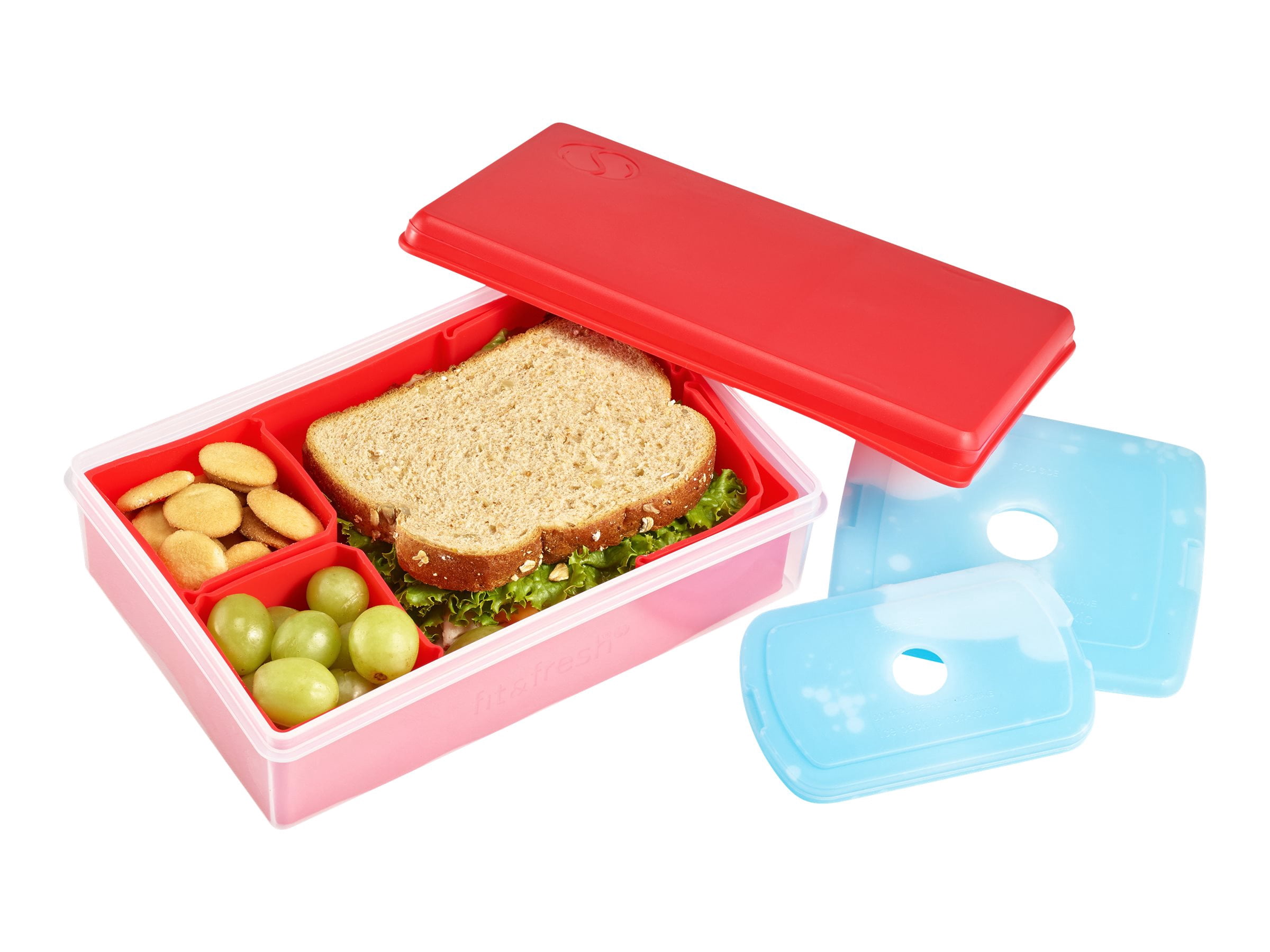 Fit + Fresh Multi-Flex Bento Box with 2 Slim Ice Packs, Perfect for Insulated Lunch Bag, Red