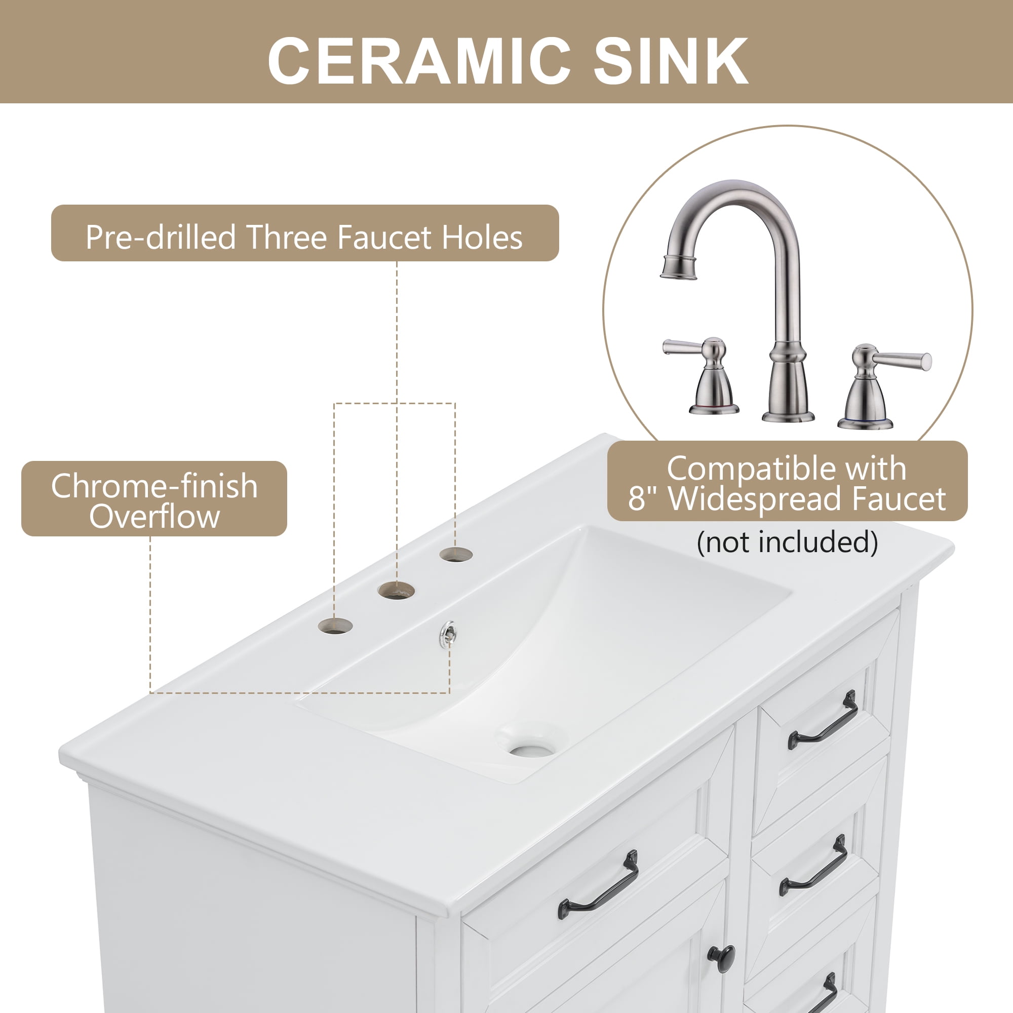 Euroco 36" Bathroom Vanity with Sink, Ceramic Sink, 2 Tip-out Drawers, Soft Close Door Hinges