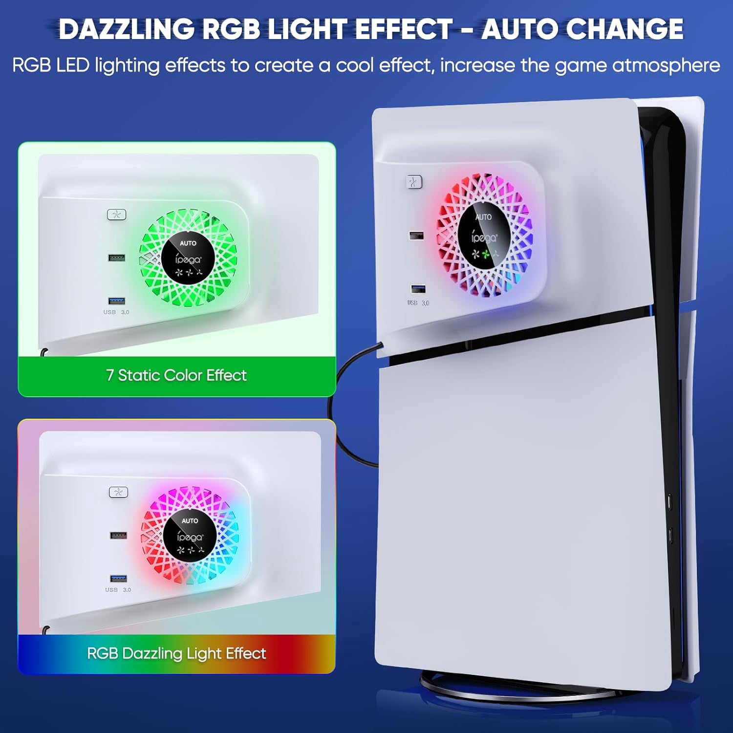 Prociv RGB Cooling Fan with Plate Cover for PS5 Slim Digital/Disc, Auto Speed Adjustable by Temperature Sensor, 3 Fan Speed Manual & USB3.0 Hubs, Cooler System Accessories for PS5 Slim Console