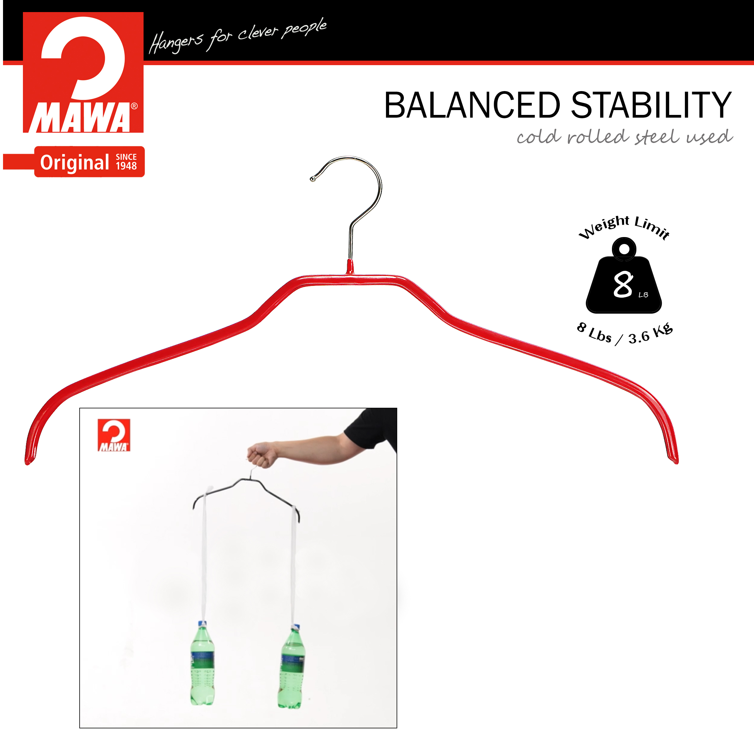 Mawa by Reston Lloyd Silhouette Series Non-Slip Space Saving Clothes Hanger for Shirts and Dresses, Style 41/F, Set of 12, Red