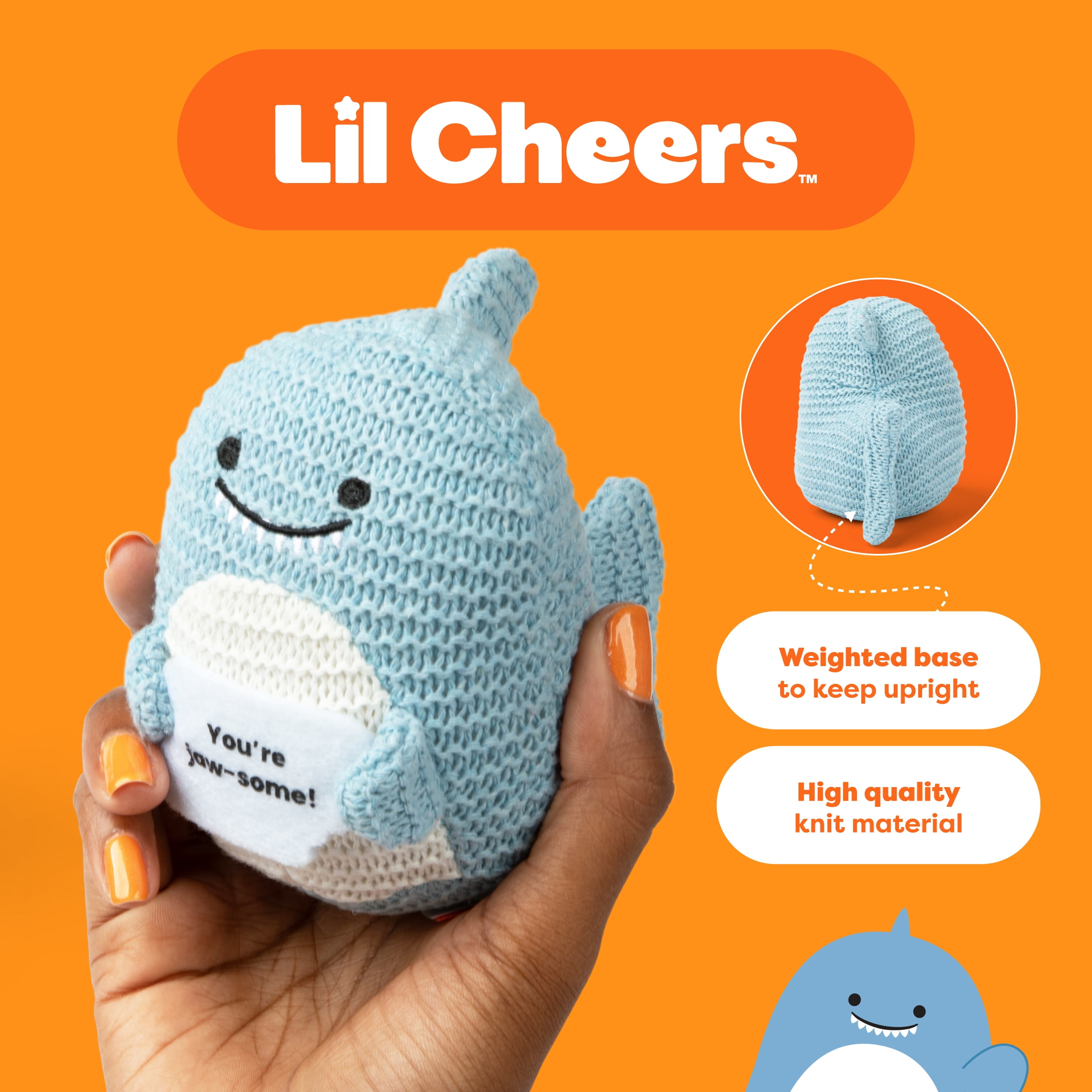 Lil Cheers Shark by Relatable, Crochet Plush with Positive Message, Gifts for Kids and Adults
