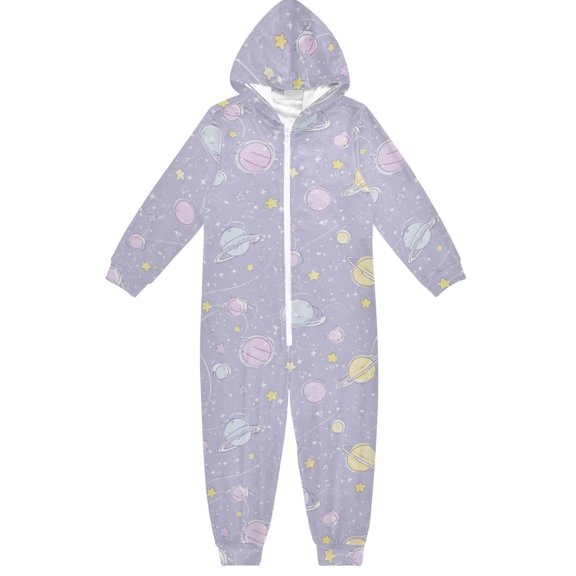 Soft Big Kids Onesie Pajamas Cozy Loose-Fit Jumpsuits for kids with Pockets for Christmas Lounge & Play Pastel Purple Planets and Stars