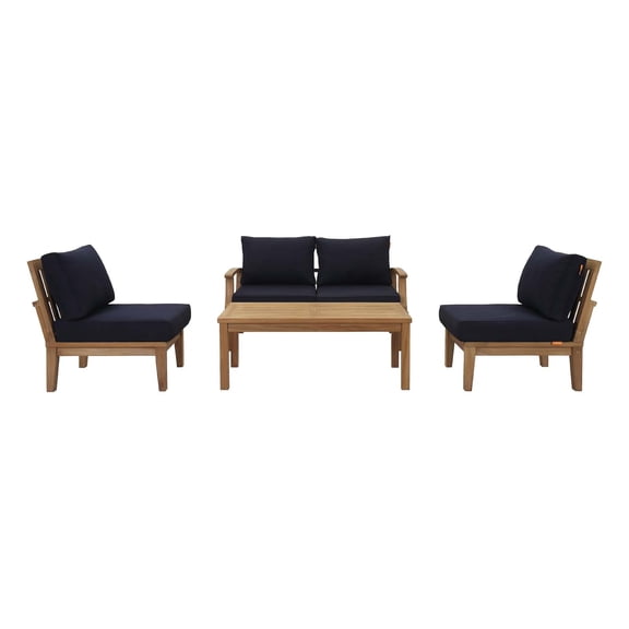 5 pcs Lounge Sectional Sofa Table Set, Navy Blue, Teak Wood, Outdoor Patio Balcony Cafe Bistro Garden Hospitality Restaurant, Modern Contemporary, HB36930