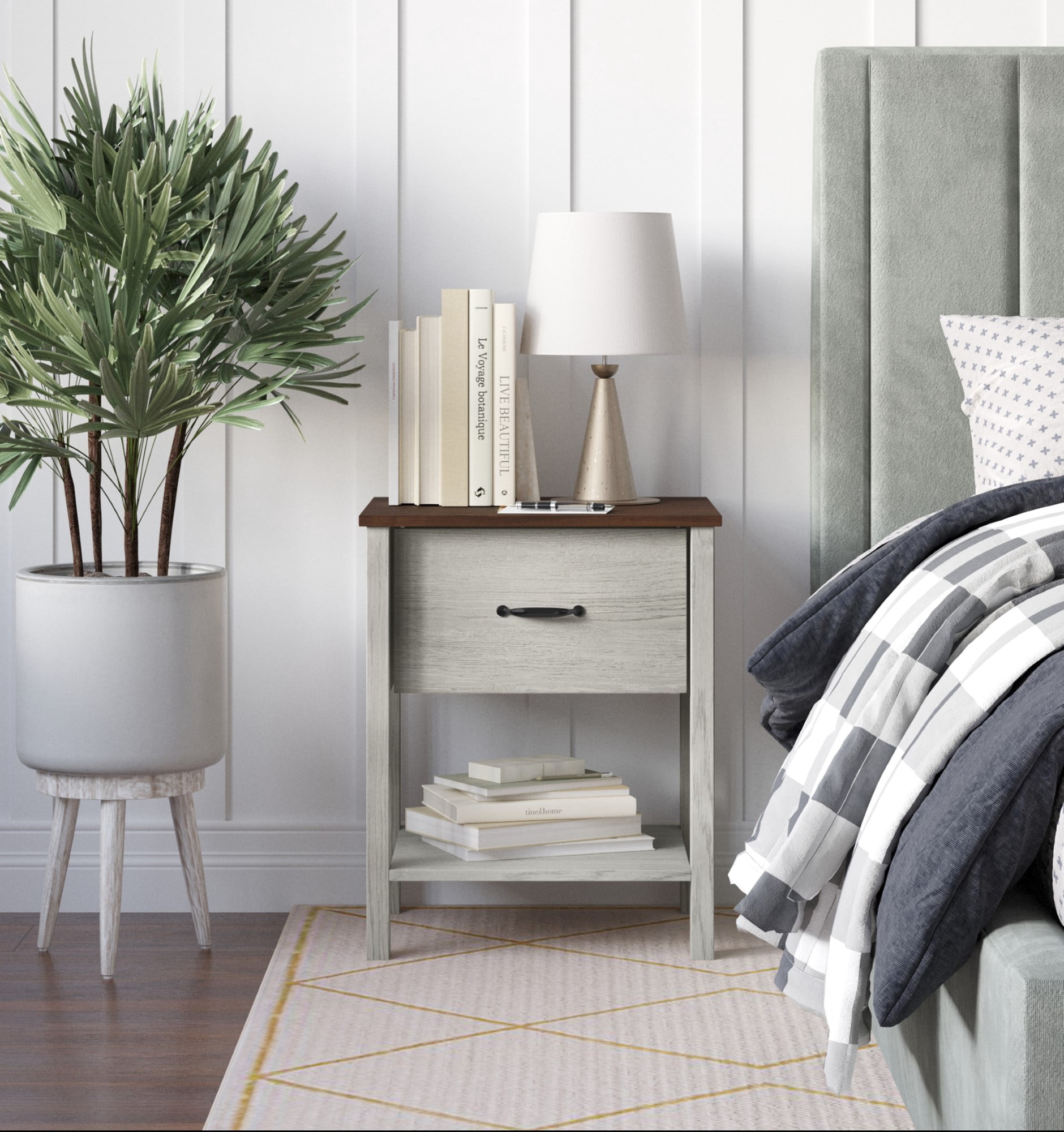 Home Design Sana Nightstand with Pull-Out Drawer and Open Shelf, White Oak/Brown, Easy Assembly (Set of 2)