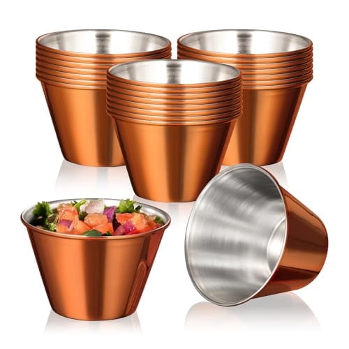Fit Meal Prep [24 Pack 4 oz Stainless Steel Sauce Cups - Copper Plated Individual Round Condiments Ramekins, Commercial Grade Safe/Portion Dipping Sauce Kitchen Set