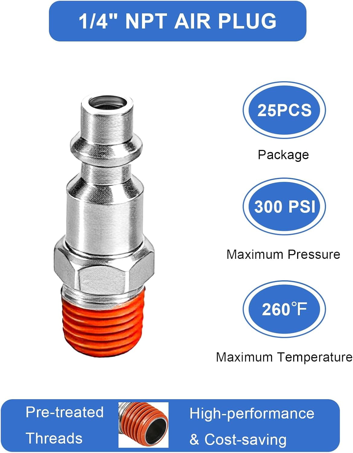 MKEUDQ-Upgraded 25 pcs 1/4" Male NPT Air Hose Fittings Kit, 1/4 inch Quick Connect Air Line Hose Fittings, Pre-coated Connector Plugs for Air Compressor Attachments and Air Tools