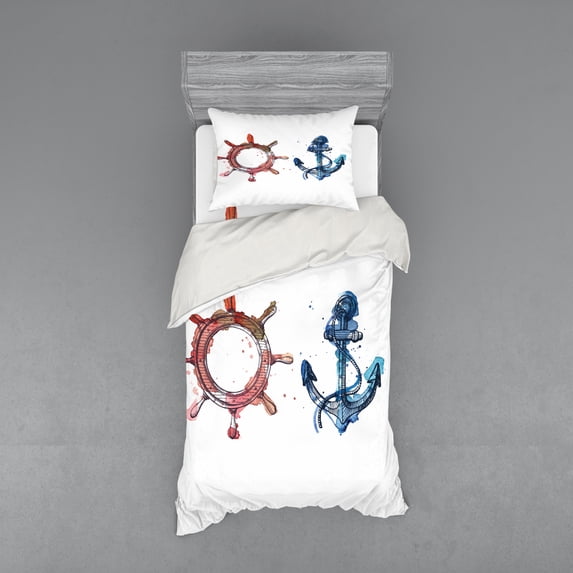 Nautical Duvet Cover Set, Illustration of an Anchor and Steering Wheel Watercolors Splashes Ink Brush Effects, Bedding Set with Shams and Fitted Sheet, 3 Sizes, by Ambesonne