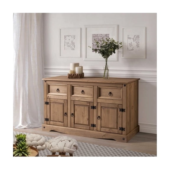 Rustic Wood Buffet Sideboard - Solid Pine Storage Cabinet - Dovetail Drawers - Distressed Hardware