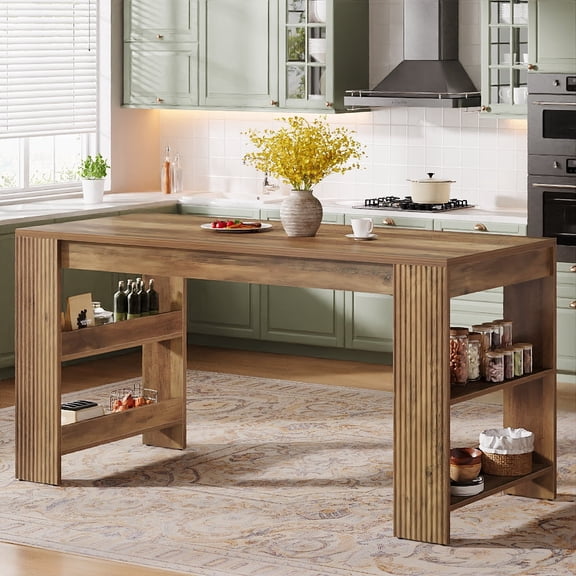 Finmind Kitchen Island with Storage, 63-inch Farmhouse Large Stationary Island Table with Double-Sided Storage Shelves for Kitchen, Rustic Brown