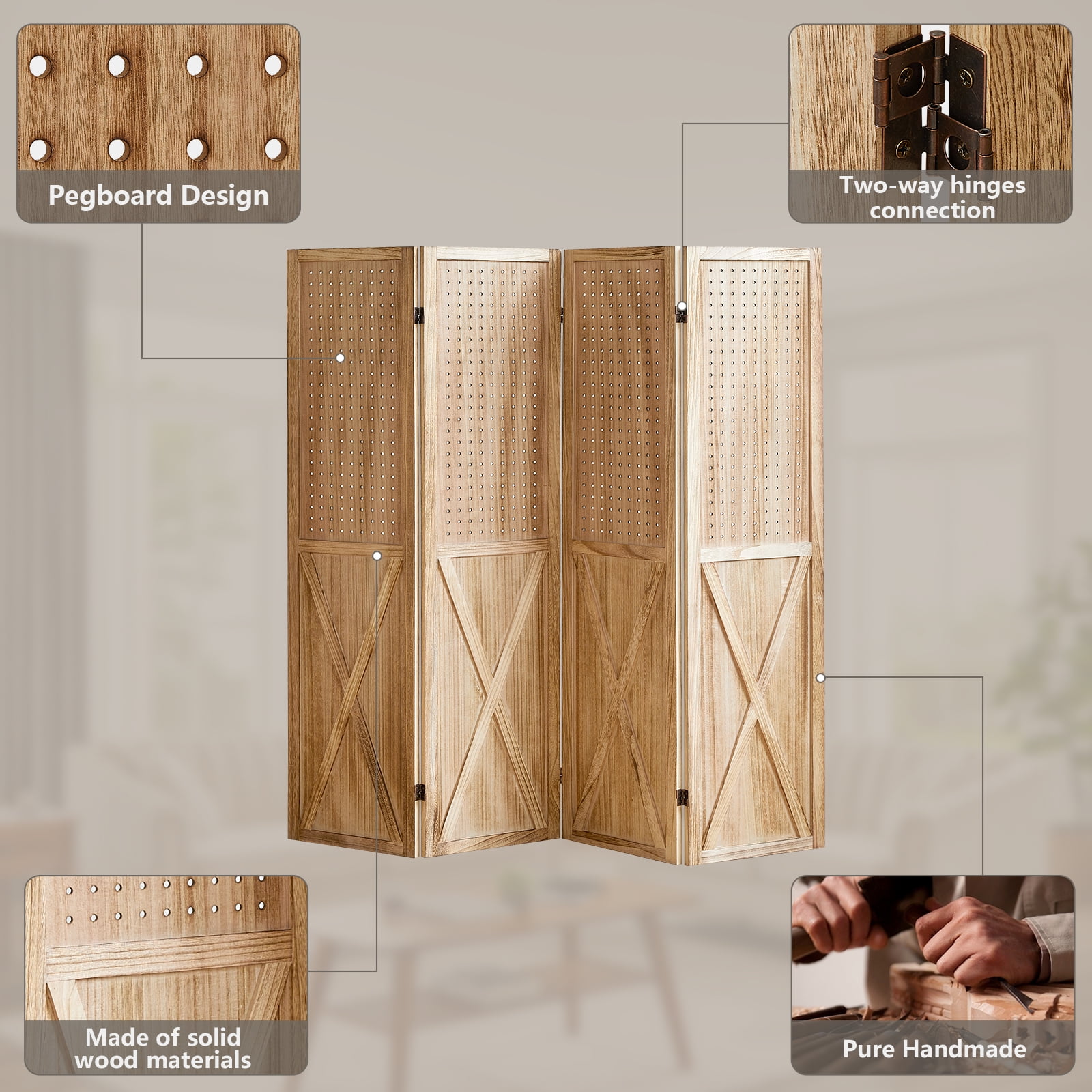 Aletheiawu 4 Panel Wood Room Divider Folding Privacy Screens, No Installation Required, Light Brown