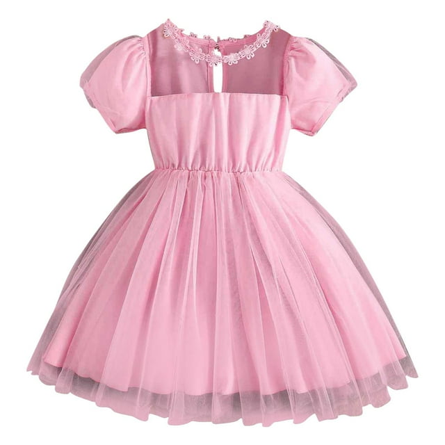 Bwiyojiz Tailles de Mode 110-140 Robe d'Été Fille Imprimé Floral Petites Manches Volantes Col Rond Robe Courte Jupe Princesse